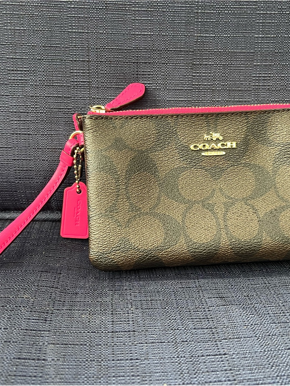 Coach Signature Canvas Wristlet with Hot Pink Trim and Tag